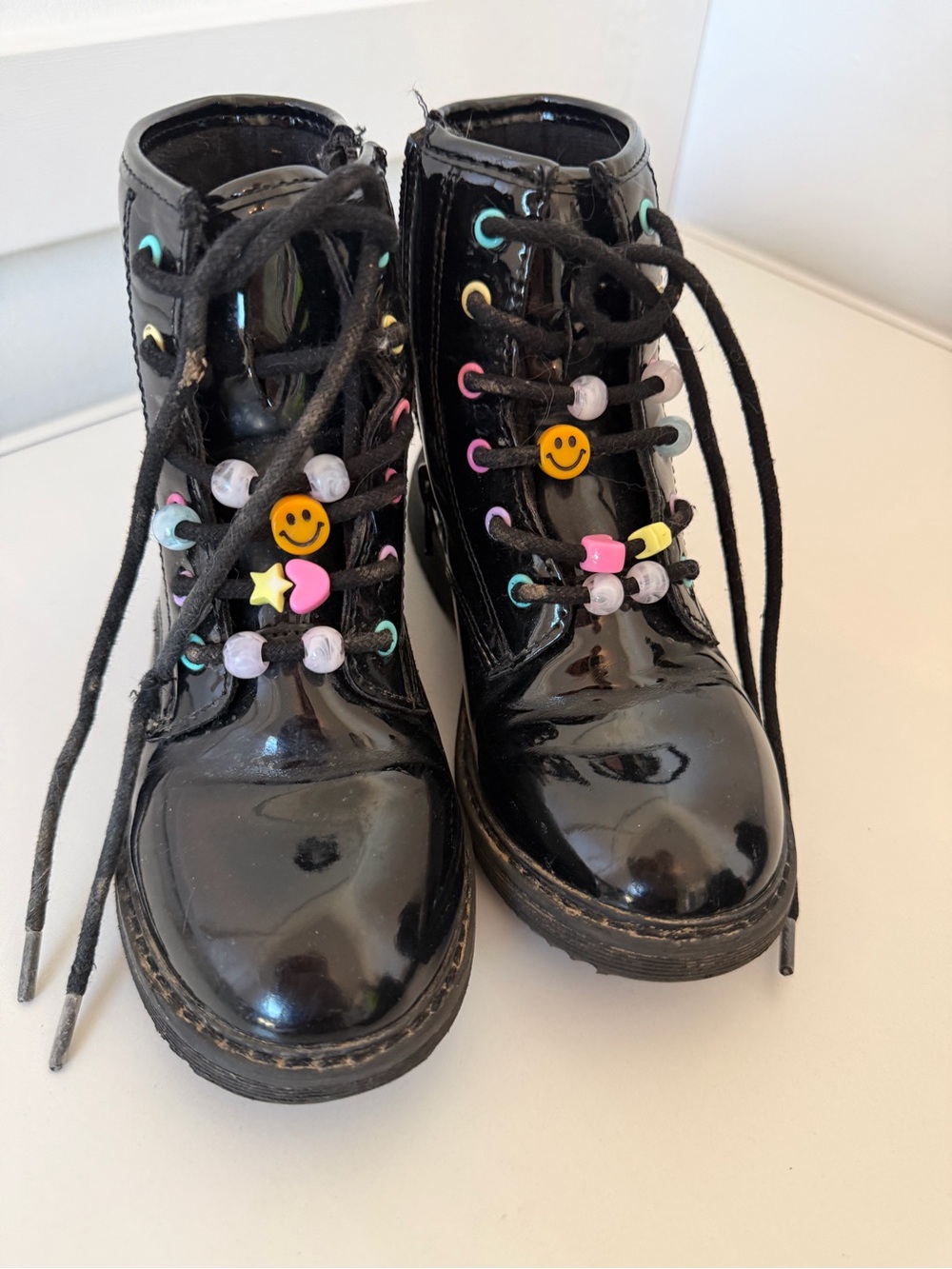 Children’s Place Kids Patent Black Lace-Up Boots with Colorful Bead Details